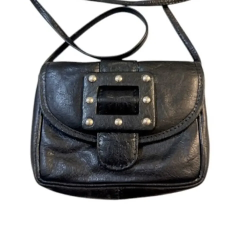 Black Leather Mini Crossbody Bag Studded Buckle Small Purse Y2K Vintage EUC